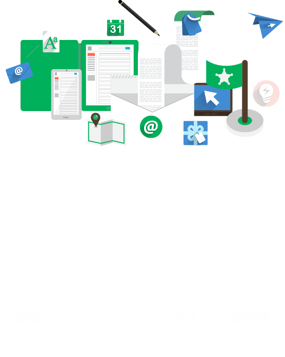 コンテンツマーケティング会社の営業メール配信代行サービス 営業リスト生成 ＋ テキスト作成 + フォーム配信代行 ワンストップ型ソリューション